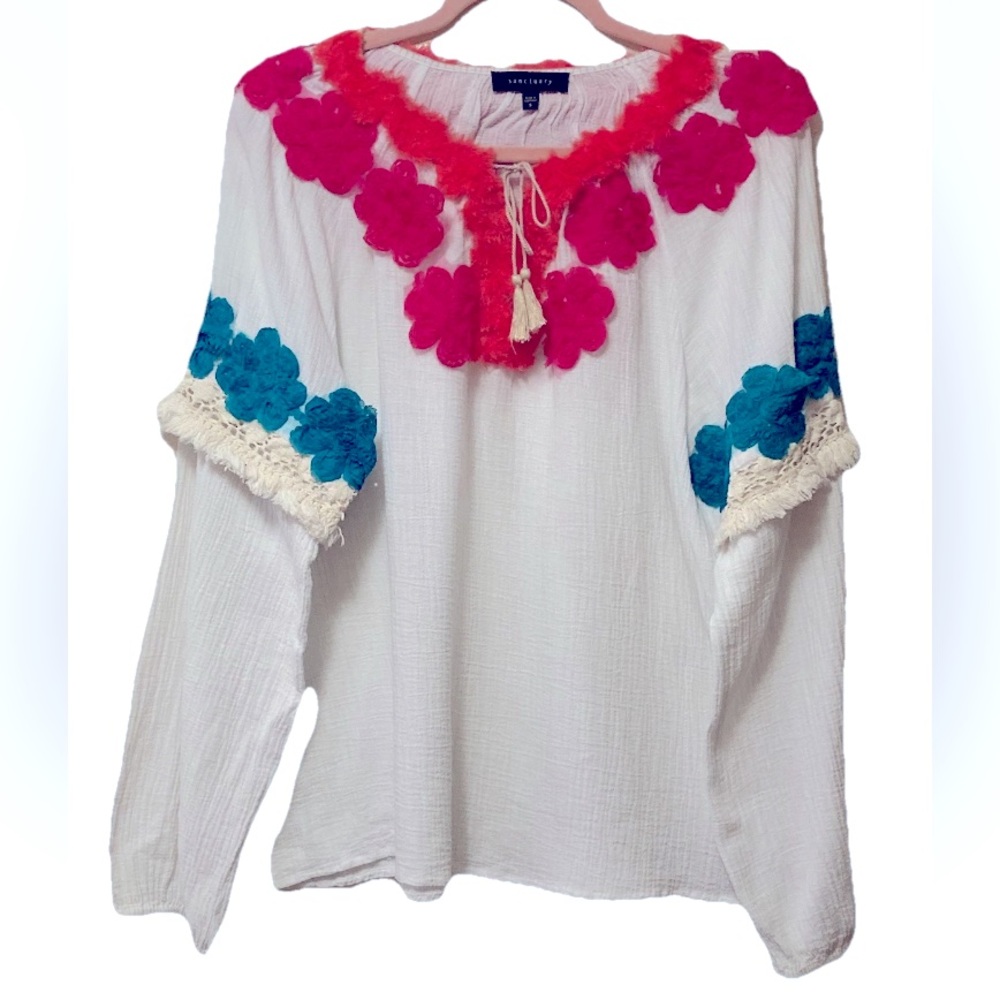 Boho Colorful Floral Embellished Embroidered White Top